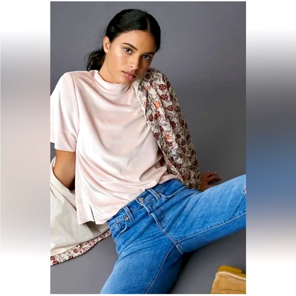 Anthropologie Krisha Mock Neck Velvet Light Pink Short Sleeve Top